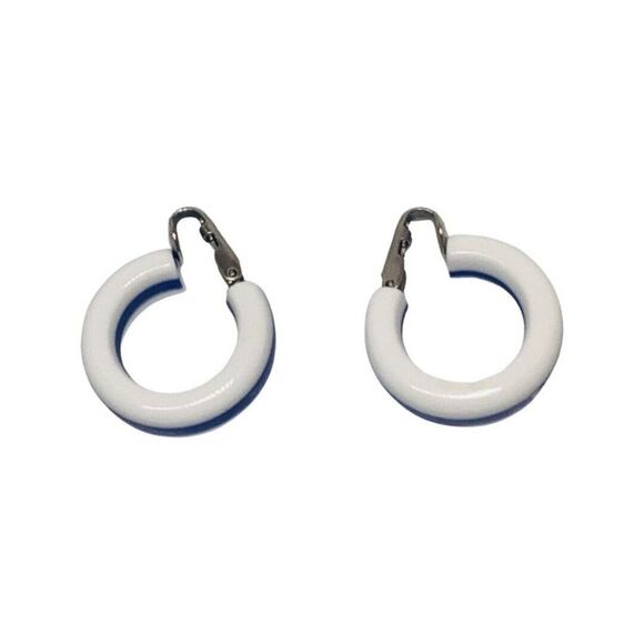 Nautical Blue & White Striped Acrylic Silver Tone Vintage Clip On Hoop Earrings - Picture 4 of 7